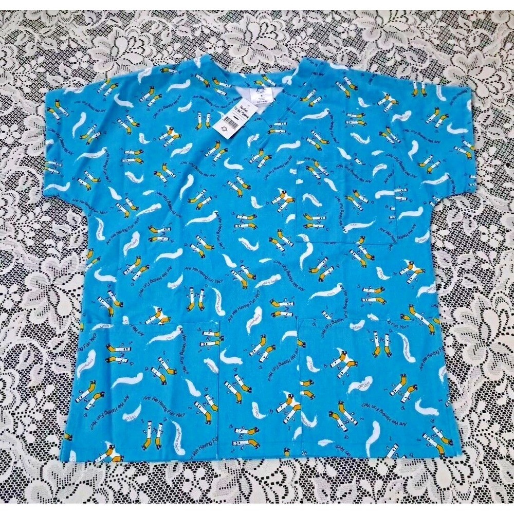 Women's Scrub Top Size Small Teal Blue Education‎ The Best Medicine Made In USA